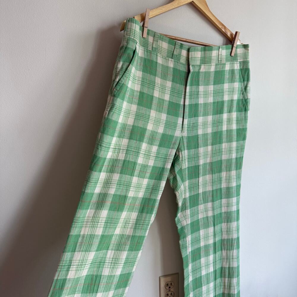 1970's Vintage Corbin Green and White Plaid Checkered Trousers 32"